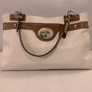 COACH Penelope Ivory Leather Brown Snakeskin Carryall Tote Bag